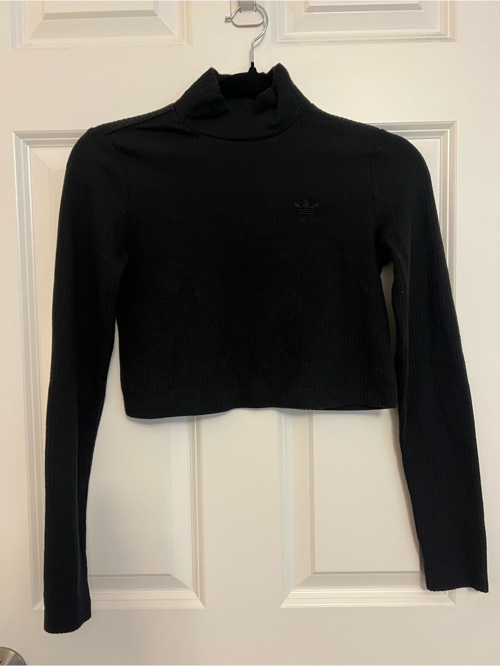 adidas Black Ribbed Cropped Long-Sleeve Mock Neck Top